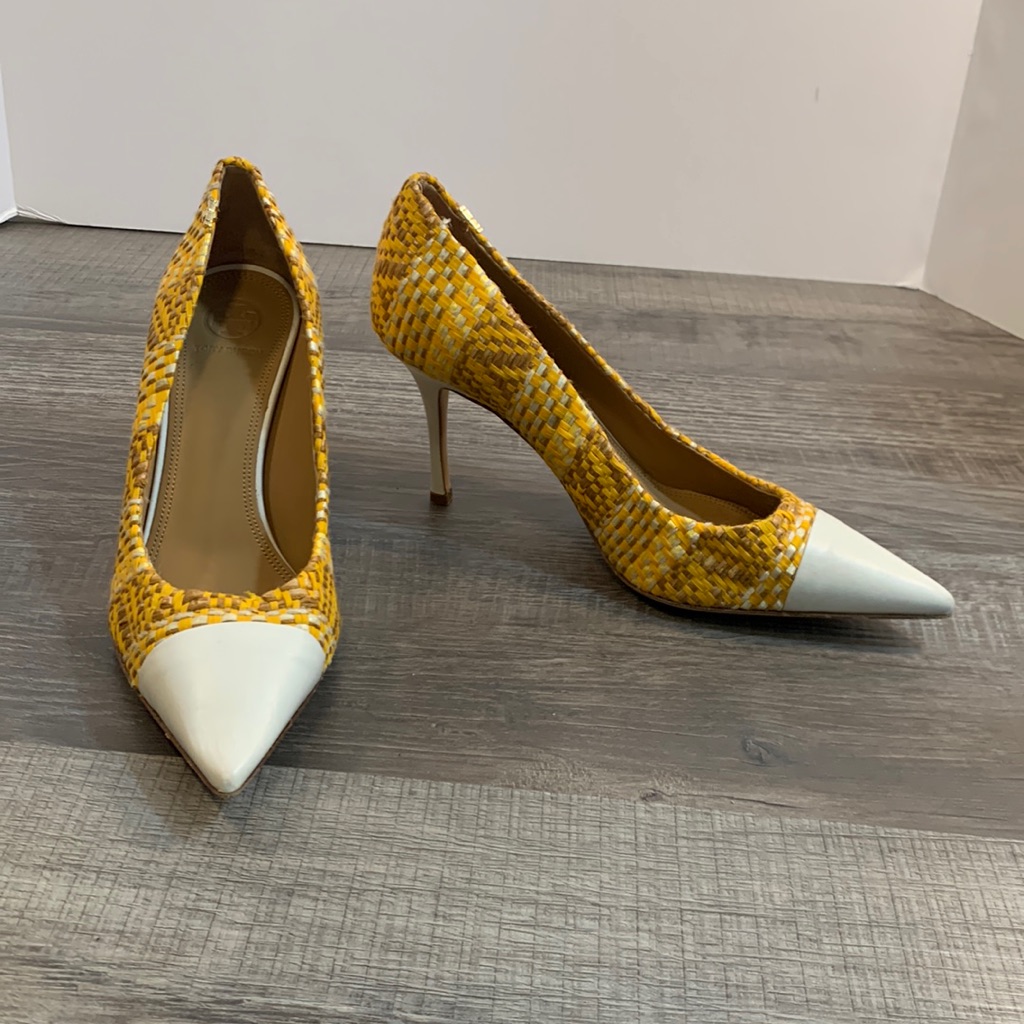 Tory Burch "Care-O-Sell" Yellow Plaid Heels Sz 9